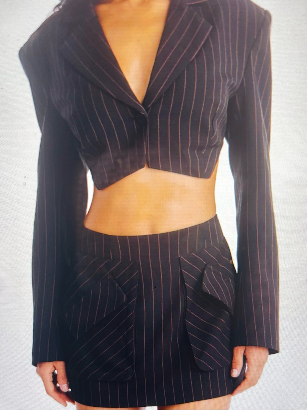 Cropped Pinstripe Blazer & Mini Skirt Set - Black